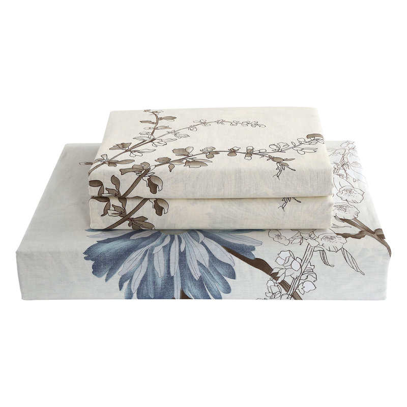 King Blue and Beige Cotton Floral Bedding Set