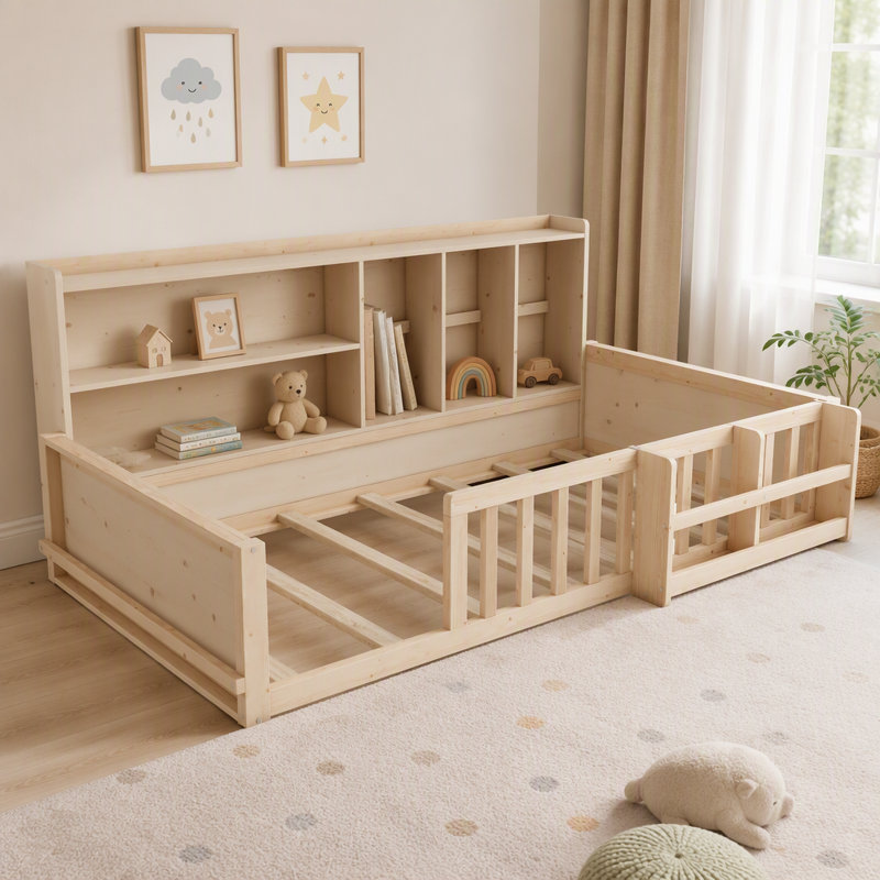 Cadre de lit plateforme en bois avec barrière de sécurité et tablettes de rangement, Lit simple, Naturel