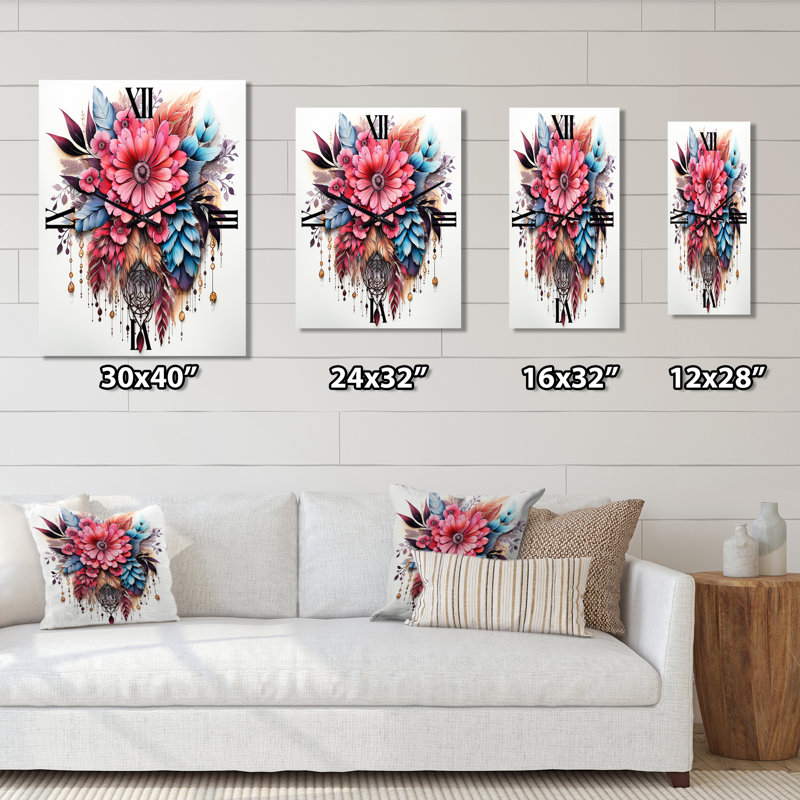 Horloge murale boho fleurs et plumes bleues II, Moyen