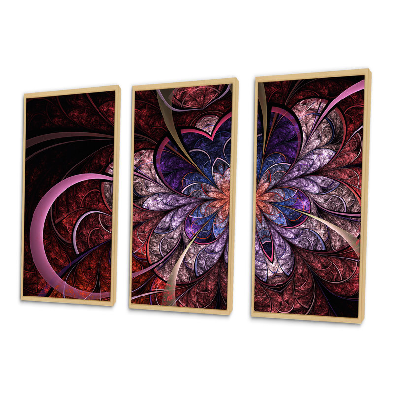 Cœur en forme de fleur fractale - ensemble d'art mural moderne sur toile 3, H 32 po x l 48 po x P 1 po, Brun