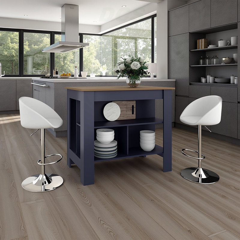 Îlot de cuisine avec trois tablettes ouvertes, une tablette supérieure et quatre pieds, un îlot de cuisine moderne