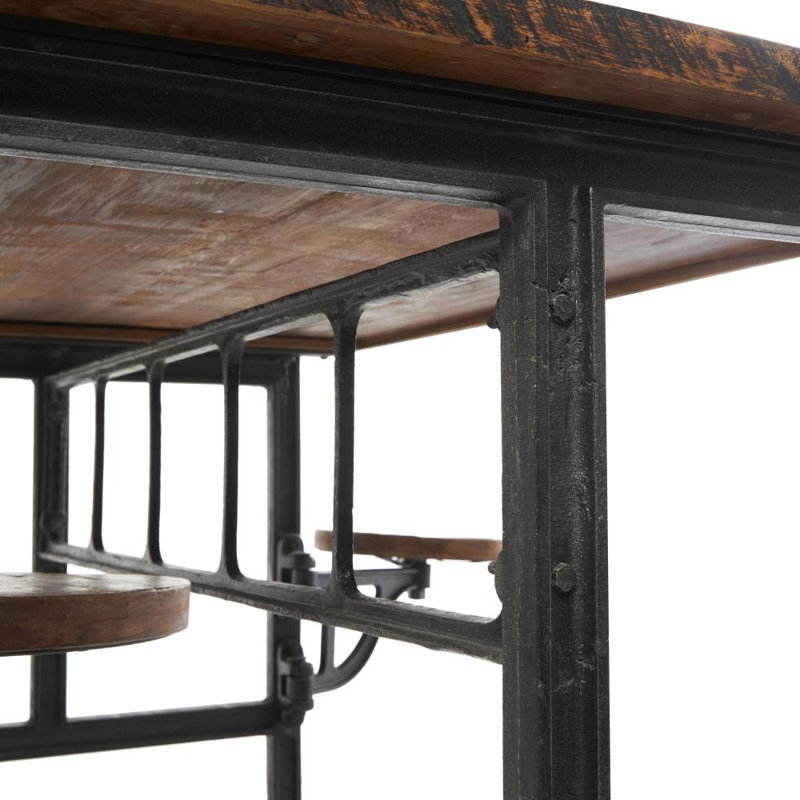 Teak Wood Dining Table with Attached Seats, Brown, Gray, 31" H x 51" W x 35"L