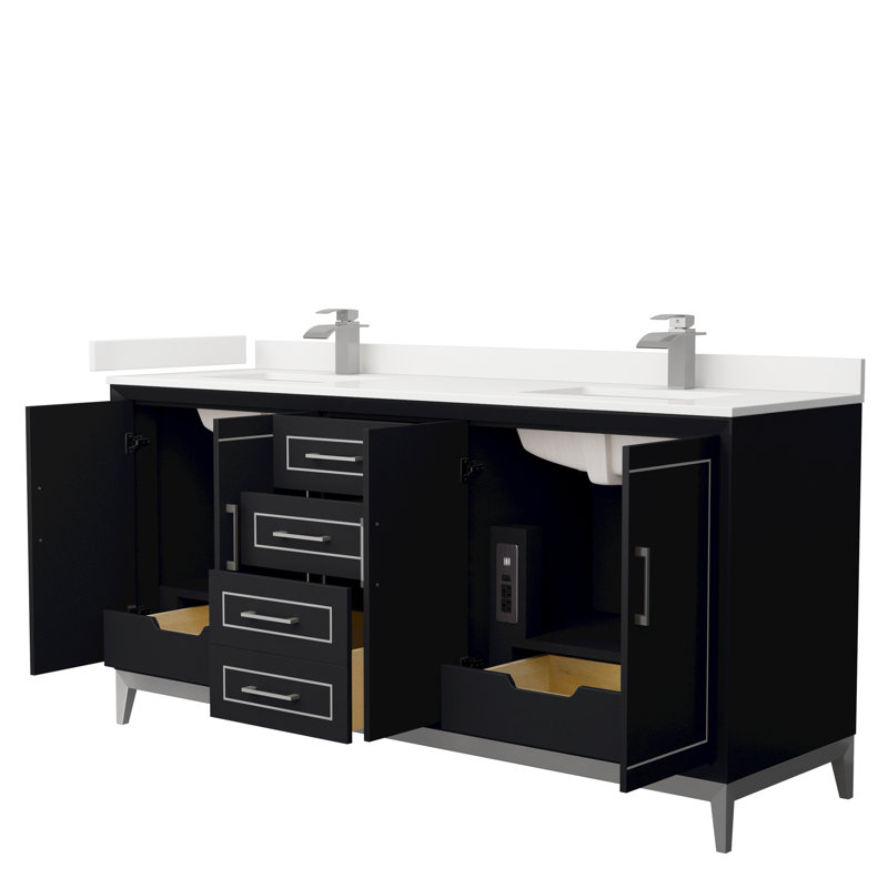 Meuble-lavabo double Marlena, Noir, noir, noir, noir, Nickel brossé, Quartz Giotto