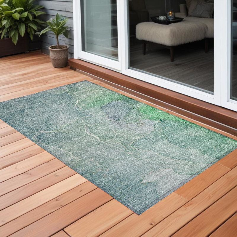 3' X 5' Teal Abstract Washable Non Skid Indoor Outdoor Area Rug
