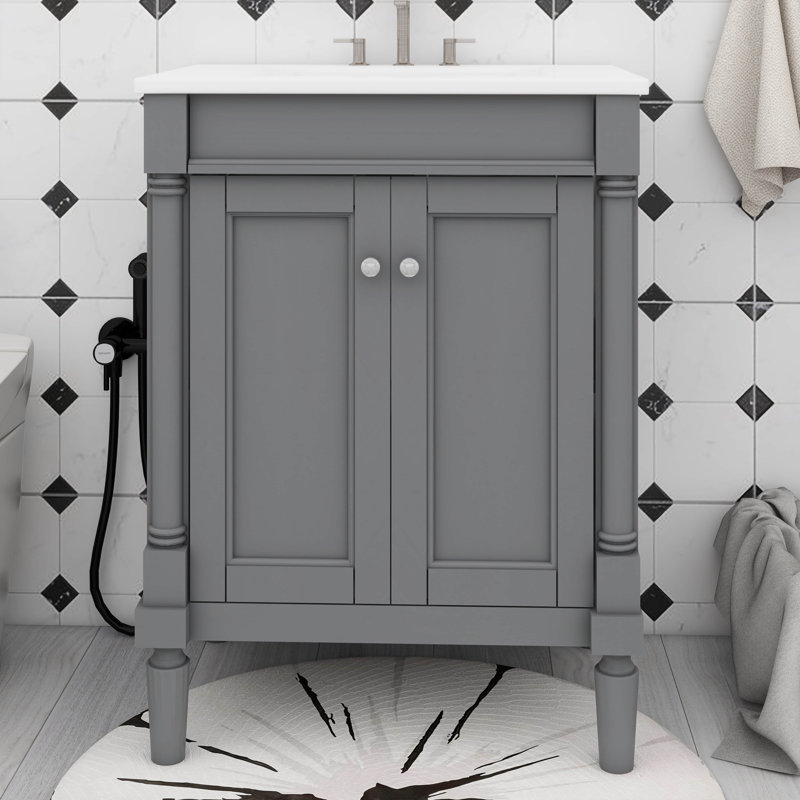 Meuble-lavabo de salle de bain 24 po avec lavabo supérieur, meuble de rangement moderne autoportant à 2 niveaux avec grandes tablettes de rangement