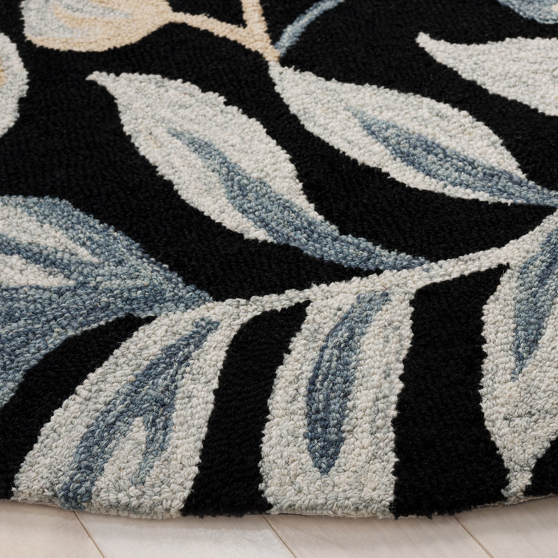 Tapis floral en coton touffeté à la main Jardin Ivoire / Noir, Rond 6 pi