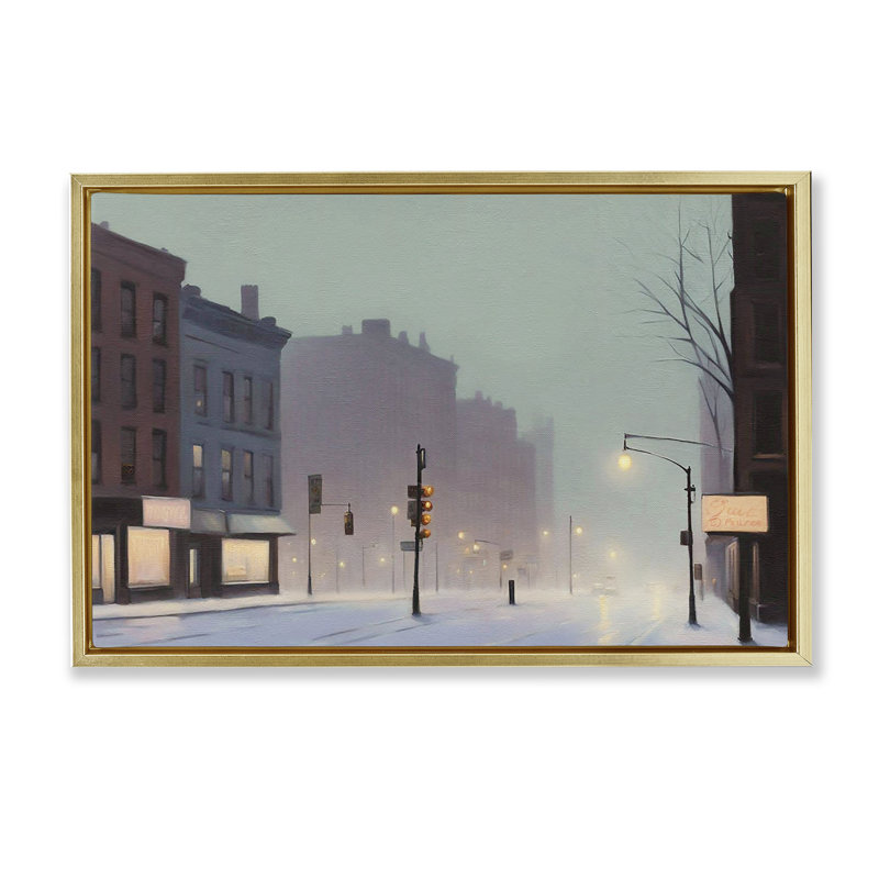  Toile flottante encadrée «Foggy City Street» par Noah Bay, H 17 po x l 25 po, Cadre flottant métallique doré