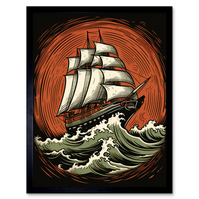 Downen Sailing Ship In Rough Sea Waves Retro Rockabilly Americana - Single Picture Frame Print