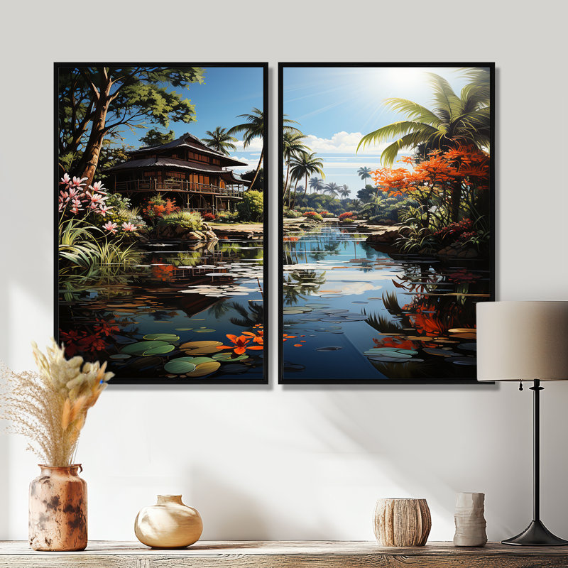 Asian Art Bali Bliss - Décoration murale verte 2 panneaux, Impression encadrée flottante, Black, 36" H x 48" W