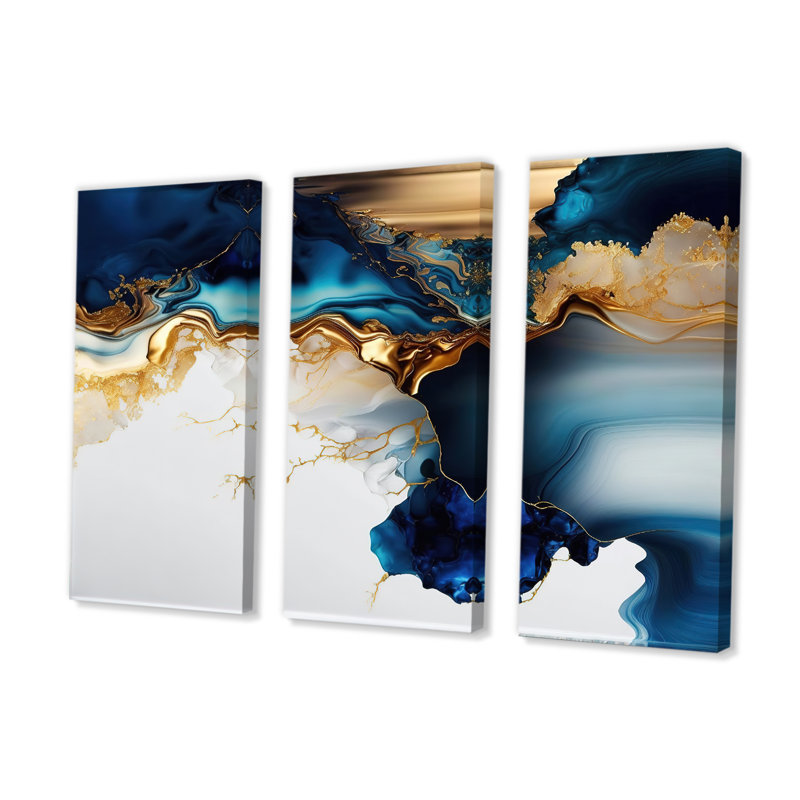 «Abstract Geode Gold and Blue Marble I», reproduction sur toile 3 pièces, H 28 po x l 36 po x P 1 po, Toile tendue