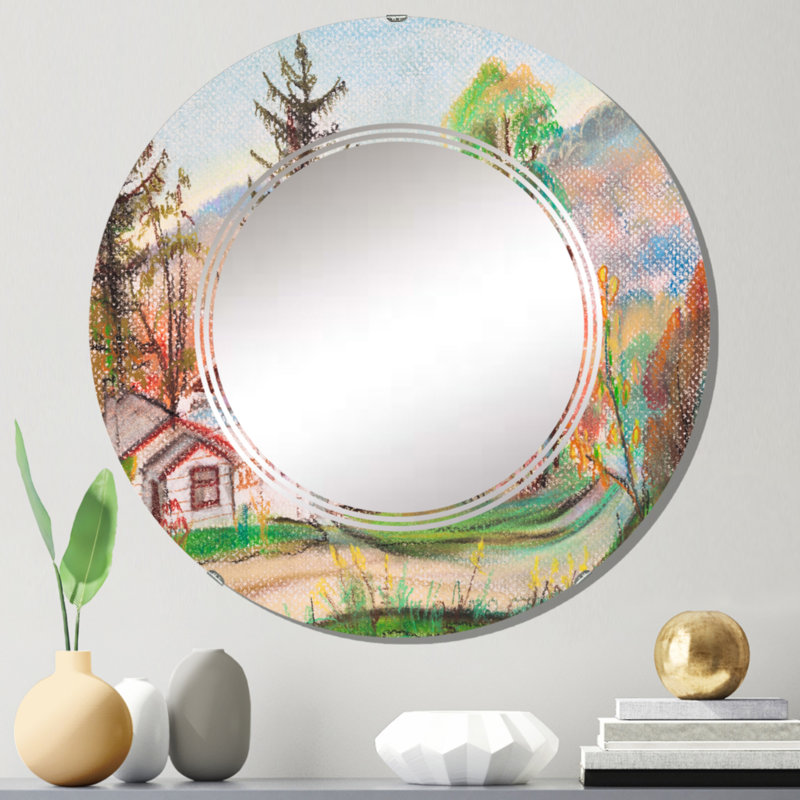 Maisons blanches dans la campagne - Miroir mural rond, 24 po x 24 po