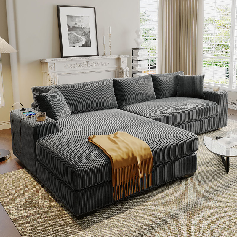 Grand canapé modulaire avec coussins épais et porte-gobelets intégrés et ports de chargement, Velours côtelé gris