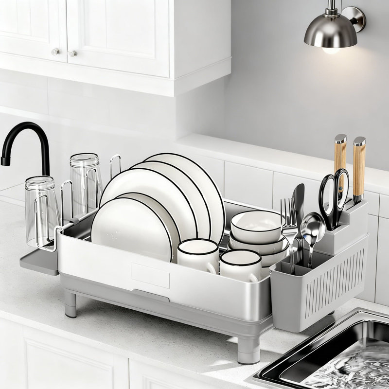 Stainless Steel Dish Rack With Drainage And Utensil Holders For Kitchen Countertops
