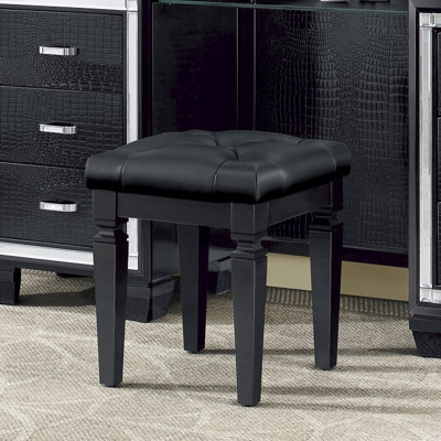 Tabouret de meuble-lavabo moderne pour chambre à coucher, finition noire de luxe 1 pièce, similicuir à boutons, assise de 17 po x 17 po, structure en bois, assise et coussin en mousse, dimensions, structure
