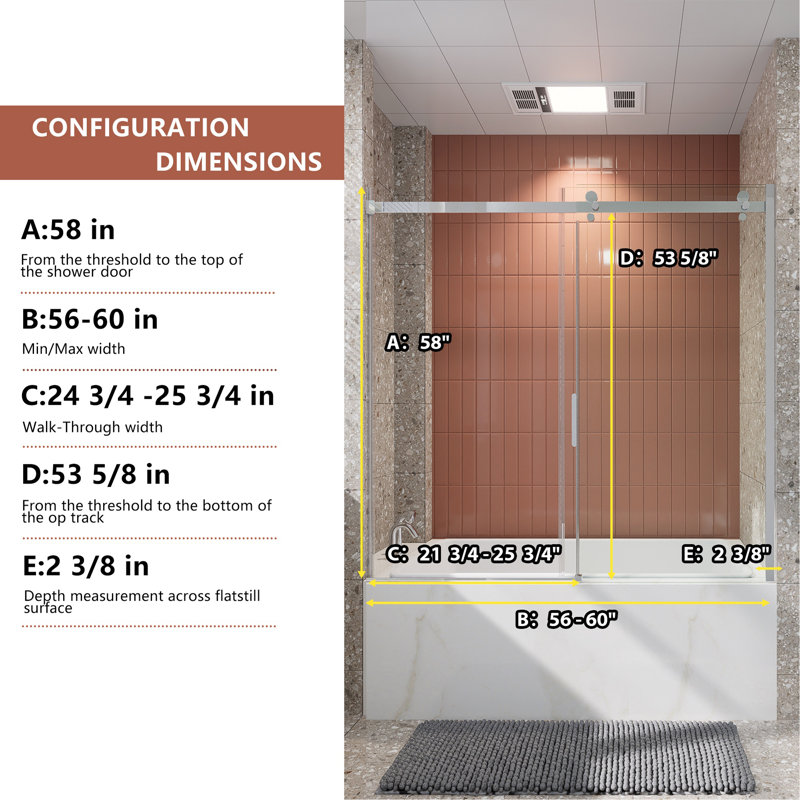 56-60 In. W X 58 In. H Mod Semi-Frameless Sliding Bathtub Door In Chrome With 5/16 In. (8Mm) Clear Glass, Chrome