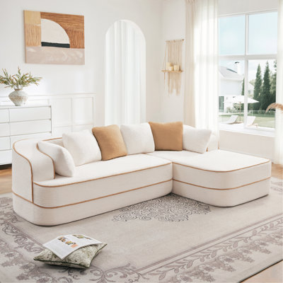106" Teddy Fabric No Assembly 32D Boneless Sofa,Contrast Color Design,Fluffy Comfy Couch With L-Shaped Chaise,For Living Room,Camel