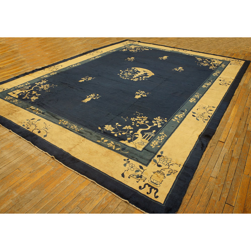 Antique Peking Chinese Floral, Medallion Beige, Blue Navy 1900s Rug
