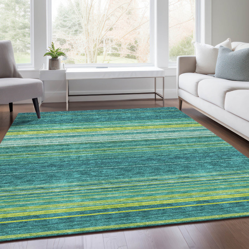 Tapis bleu sarcelle lavable à la machine Premium Prisco, Rectangle 10 pi x 14 pi