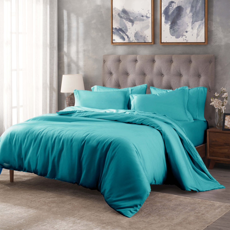 Lunete Egyptian Cotton Blend Modern & Contemporary Duvet Cover Set, Full / Queen Duvet Cover + 2 Pillow Shams, Teal