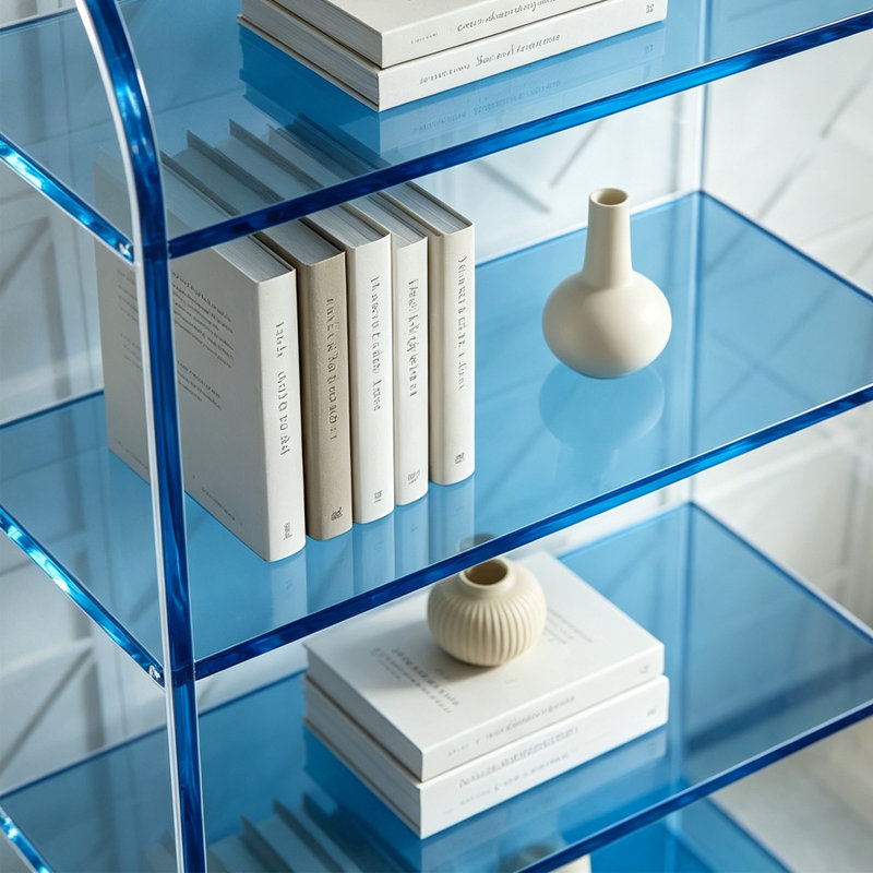 Bibliothèque en acrylique transparent bleu, (5 tablettes) H 62,99 po x l 19,69 po x P 11,81 po