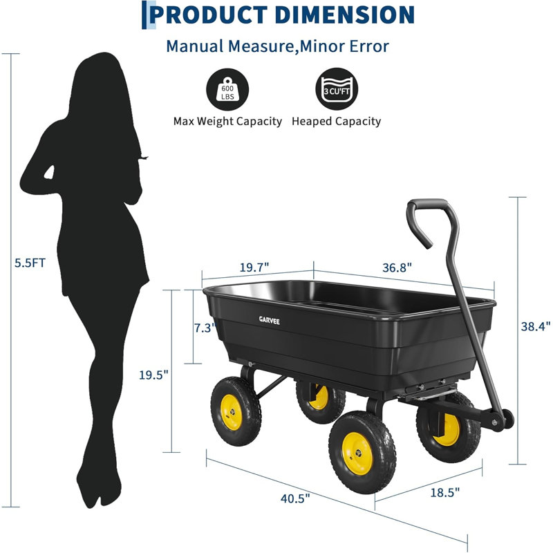 Chariot tout-terrain robuste, fourgon utilitaire de jardin d'une capacité de 600 lb avec pneus pneumatiques de 10 pouces, poignée réglable à 180 ° et dégagement rapide pour la terre, les plantes et les outils, noir et jaune