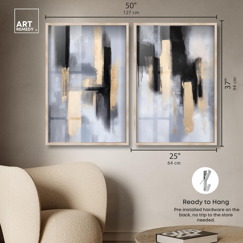 Ensemble de 2 panneaux luxueux à motif abstrait bleu , H 37 po x l 25 po, Crème, crème