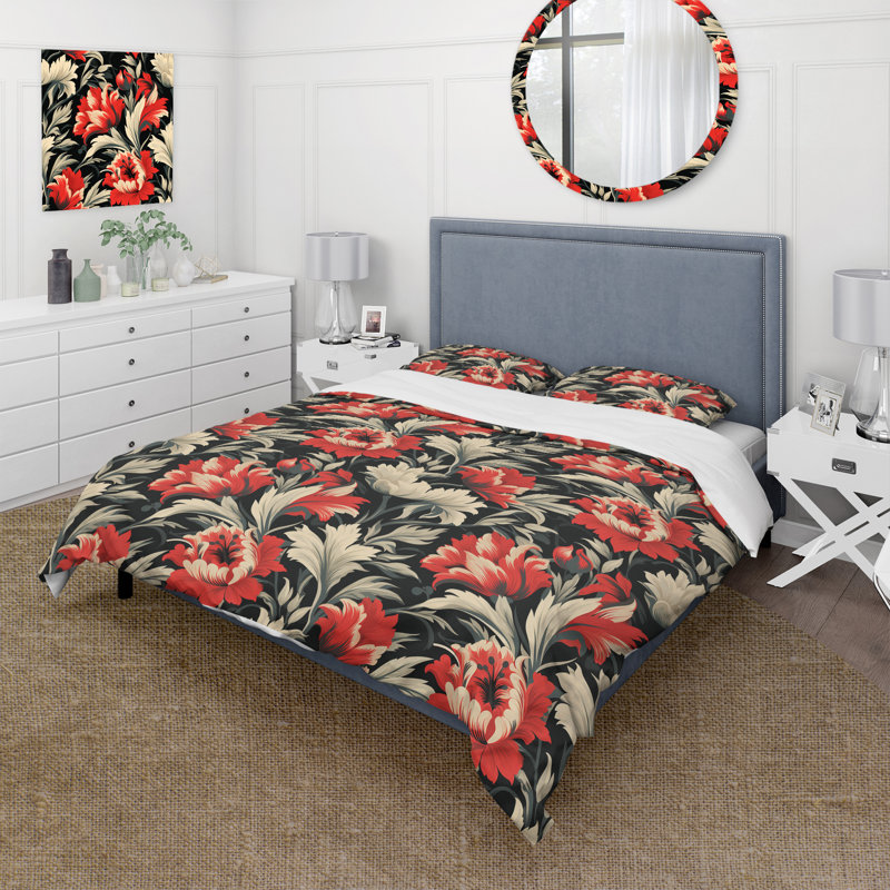 Red And Beige Victorian Ikat Legacy Flowers - Ensemble de housse de couette Ikat
