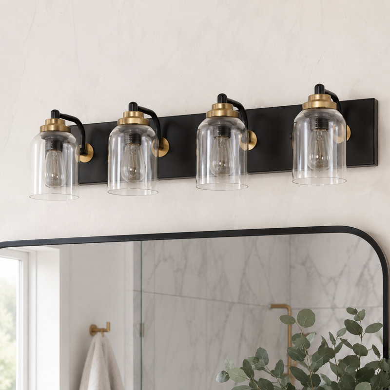 Applique murale moderne noire et dorée à 4 lumières avec abat-jour en verre transparent