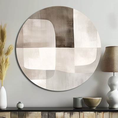 Beige Minimal Wall Art - Neutral Shapes In Balance - Abstract Minimalism Round Metal Wall Art