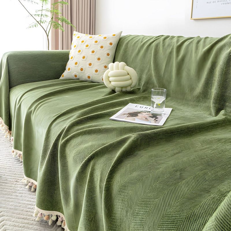 Chenille Sofa Cover With Tassel Ball, Durable, Stain Resistant