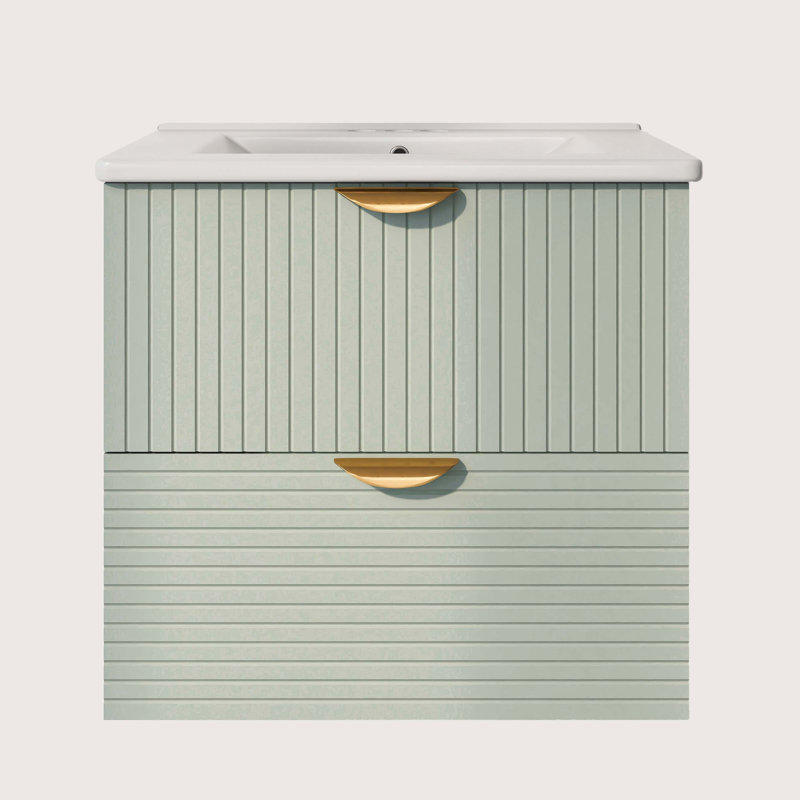 Green and White Wall-Mounted Single Bathroom Vanity with Gold Handles