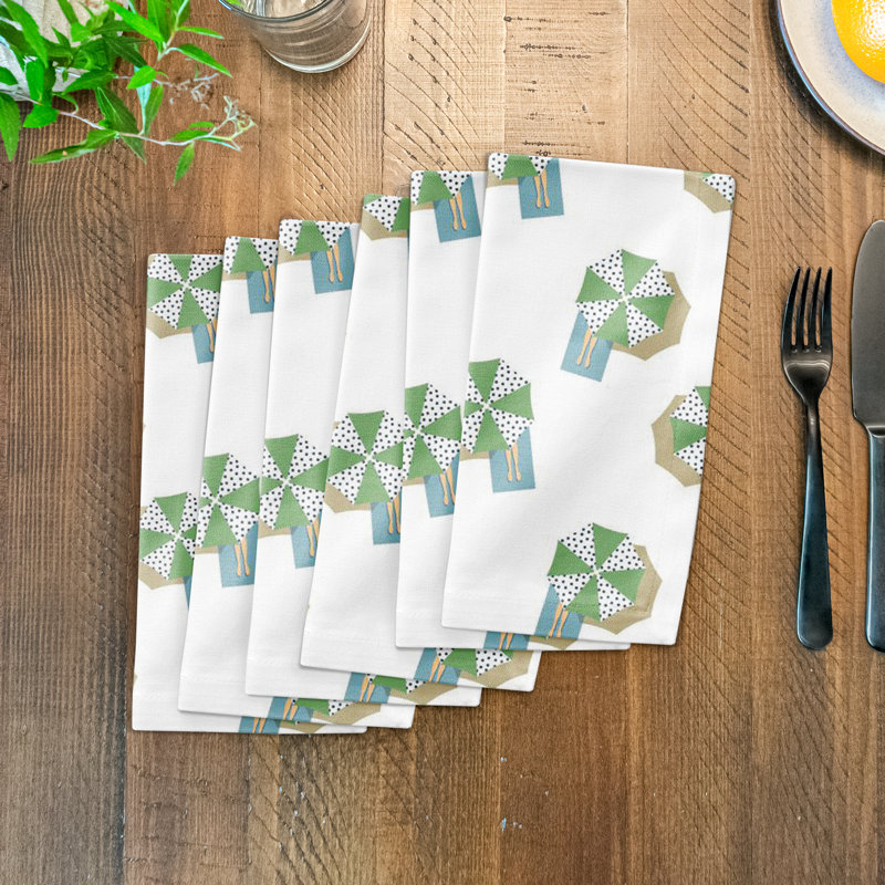 Cotton Twill Geometric Rectangle Napkin, White/Teal