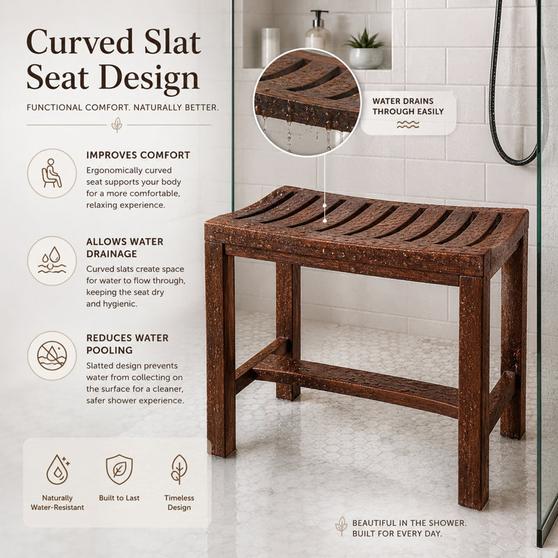 Solid Oak Wood Shower Bench, 21'' Bathroom Shower Seat with Curved Slat Design, Water-Resistant Finish, Handcrafted Spa Bench for Shower, Tub & Home