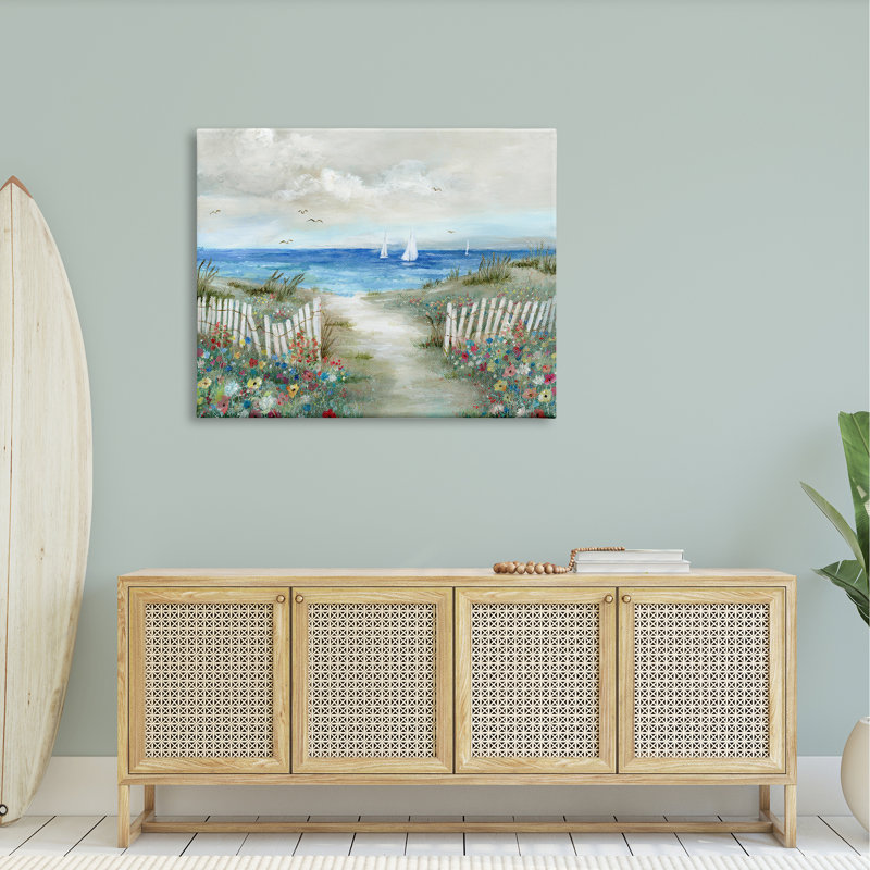 Tranquil Beachside Flower Meadow Ocean Sail Sailers par Nan - peinture sur toile à cadre flottant, Toile tendue