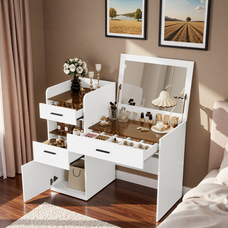 3-in-1 Vanity Desk With Flip Top Mirror And Hidden Storage