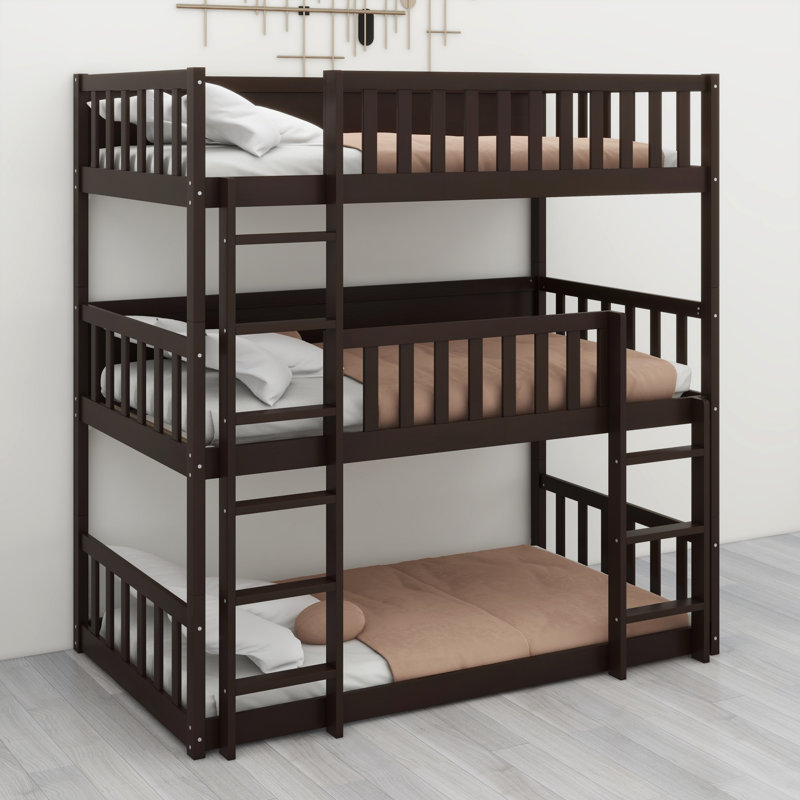 Triple Wood Bunk Bed, With Ladders, Guardrails Detachable Bunk Bed, Espresso