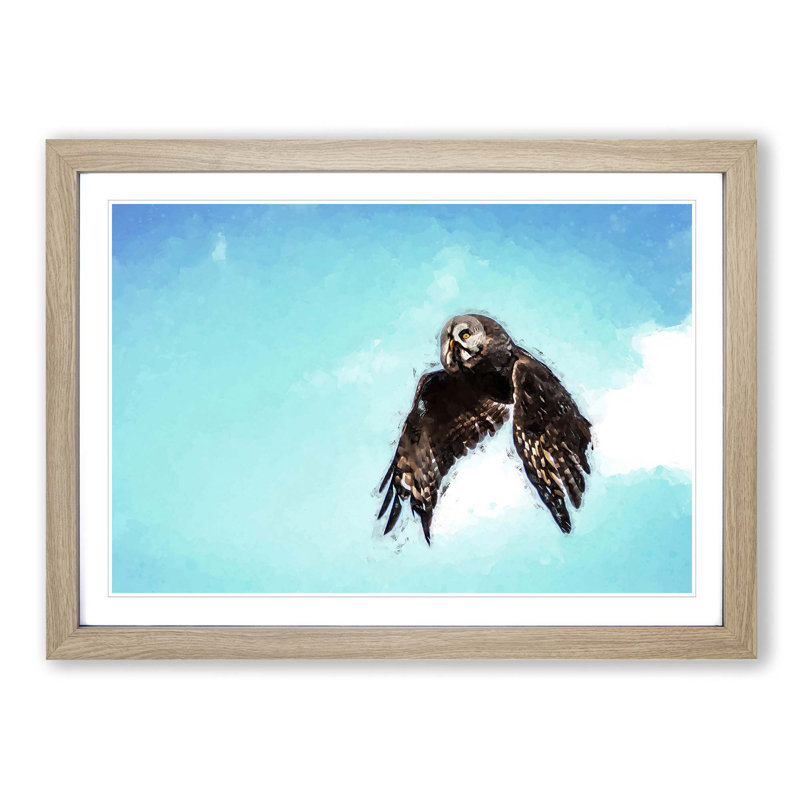 Flying Great Grey Owl in Abstract - Framed Print, 35cm H x 50cm W x 2cm D, Oak