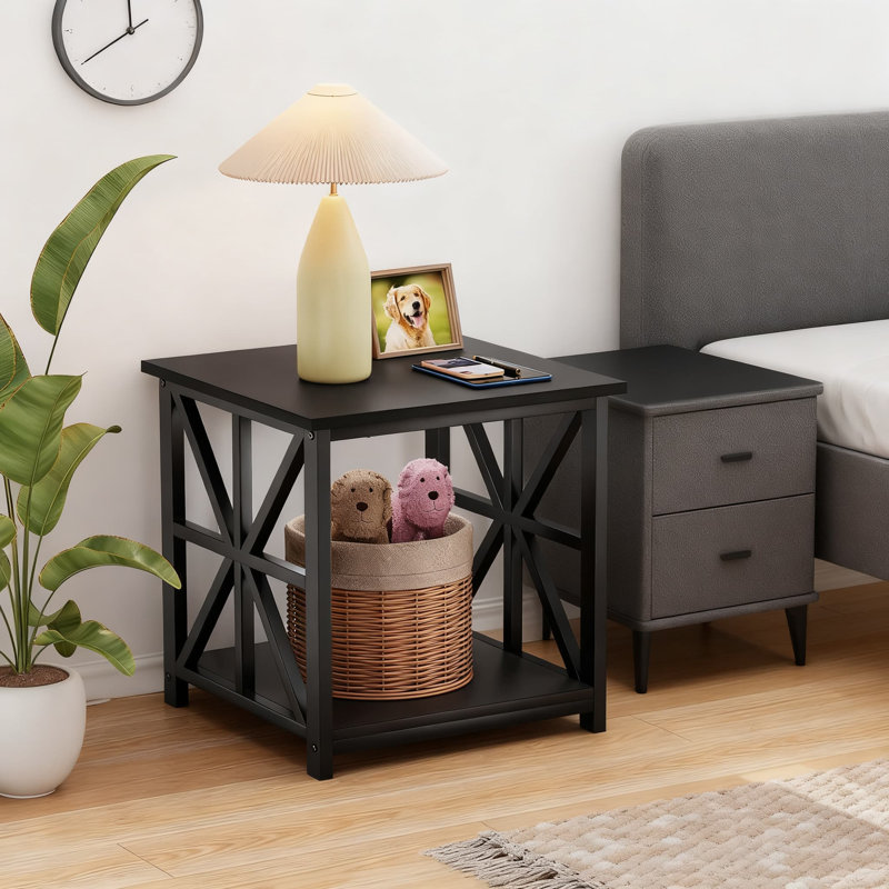 Table de bout à 2 niveaux avec tablettes de rangement, grande table d'appoint pour le salon, table de chevet moderne pour la chambre à coucher et le bureau, style campagnard rustique