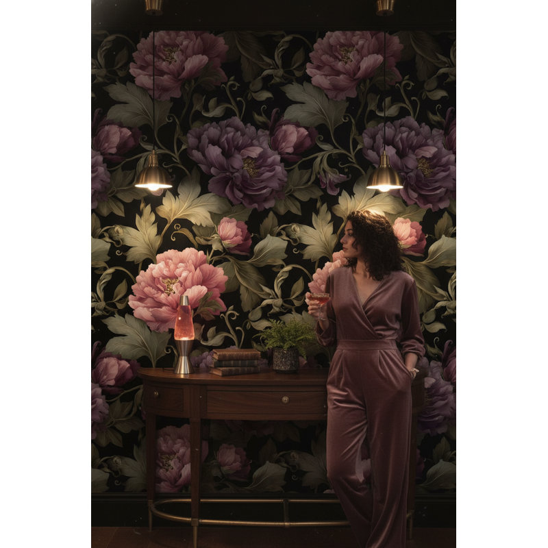 Papier peint floral, affiche murale mauve rétro