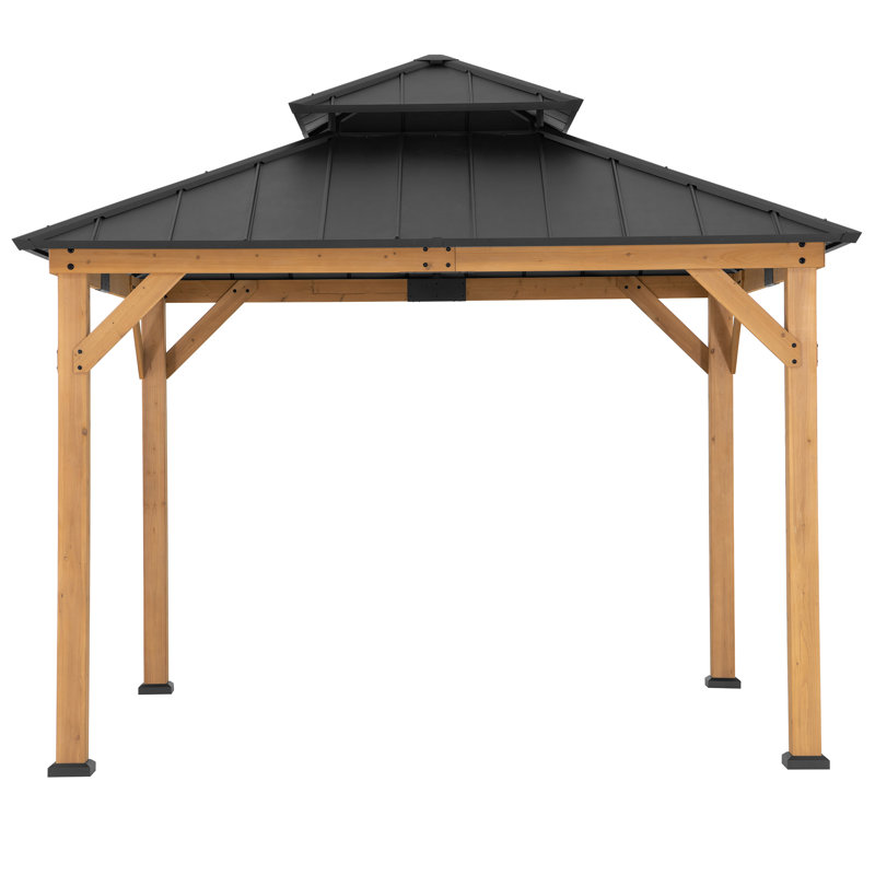 Sunjoy Outdoor Cedar Wooden Gazebo - 3.3M x 3.3M, Anthracite with 2-Tier Steel Roof - Outdoor Garden Pavilion for All Seasons