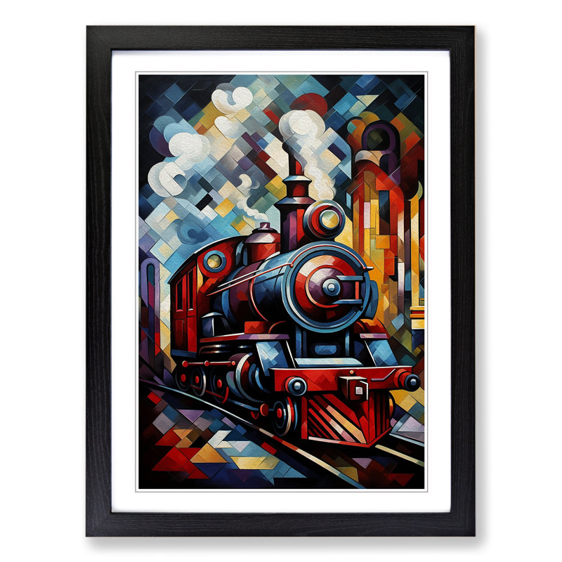 Steam Train Cubism - Framed Print, 34" H x 25" W x 2" D, Black