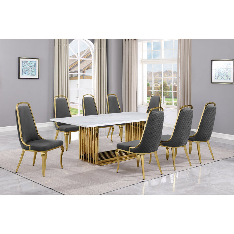 Ensemble de salle à manger rectangulaire L 79 po x l 40 po Kenne, 9, Gris/doré, Or