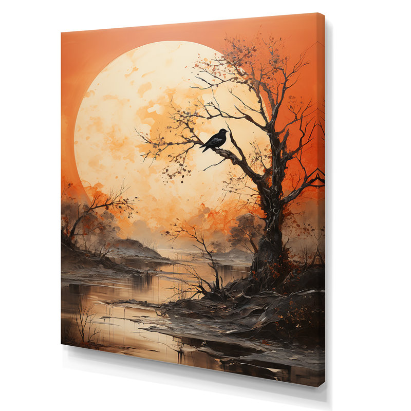 «Tree Orange Moon Silhouette», reproduction sur toile florale, H 32 po x l 24 po x P 1 po, Toile tendue