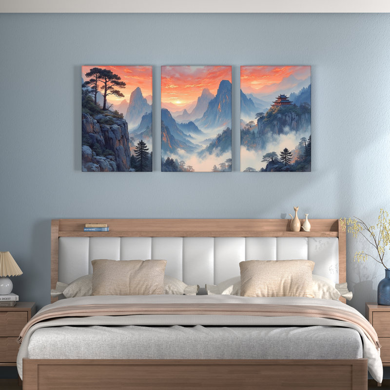 Paysage de montagne coucher de soleil sur toile tendue, reproduction de peinture à l'huile (ensemble de 3), H 24 po x l 48 po