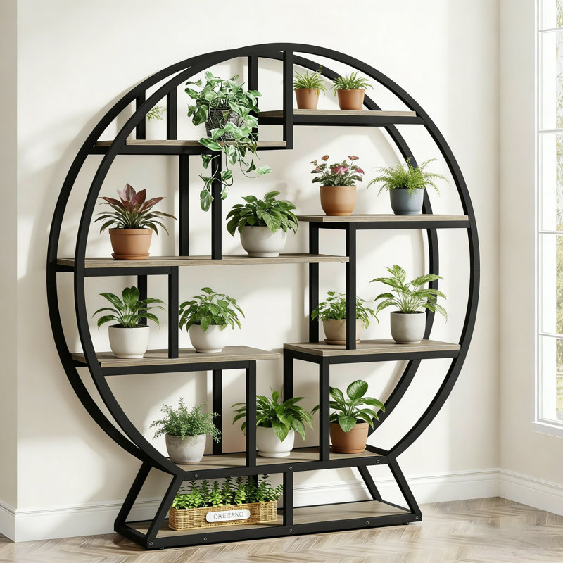 Support pour plante d'intérieur rond avec 8 tablettes, Noir/gris