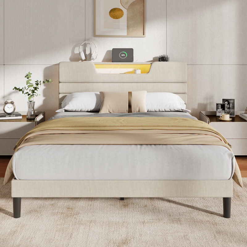 Modern Upholstered Bed Frame with Storage Headboard, LED Lights & Charging Station, Heavy Duty Wooden Slats Support, No Box Spring Needed