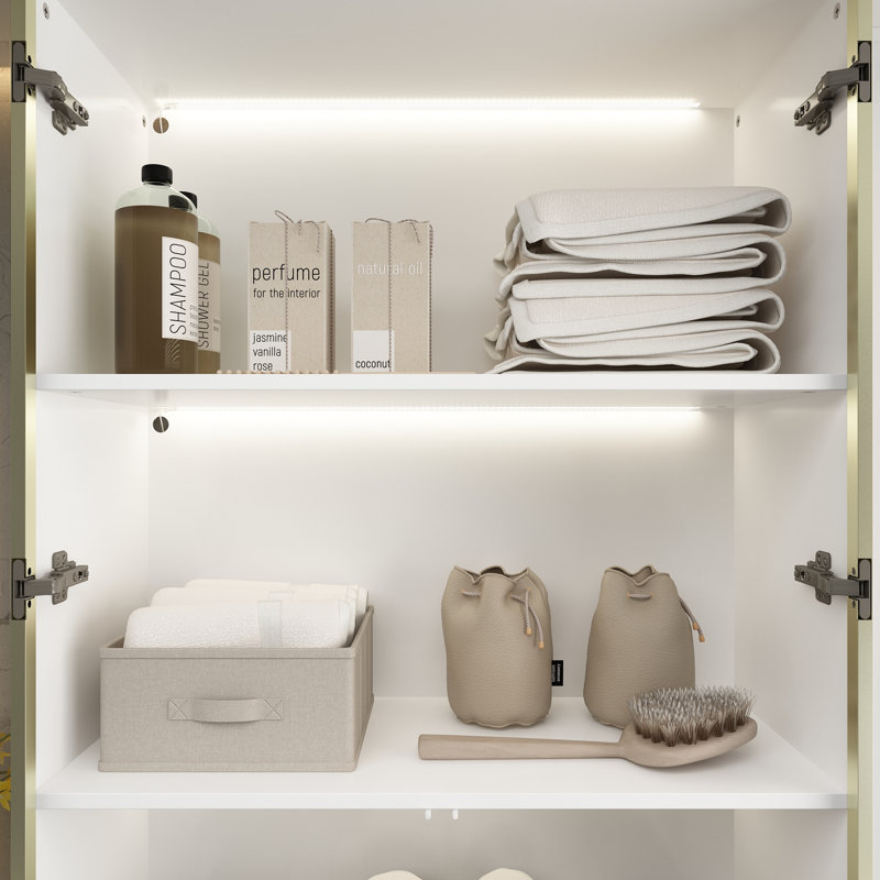 Armoire pour salle de bain avec cinq tablettes, lumière et porte, Argent