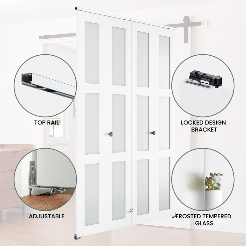 3-Lite 78" Frosted Glass Double Bi-Fold Doors for 80" Door Opening Height with Installation Hardware Kit, 60" x 80"