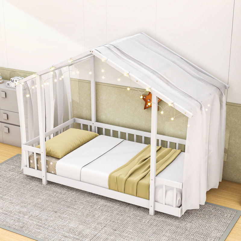 Lit plateforme avec baldaquin, lumières et garde-corps, Lit simple, Blanc