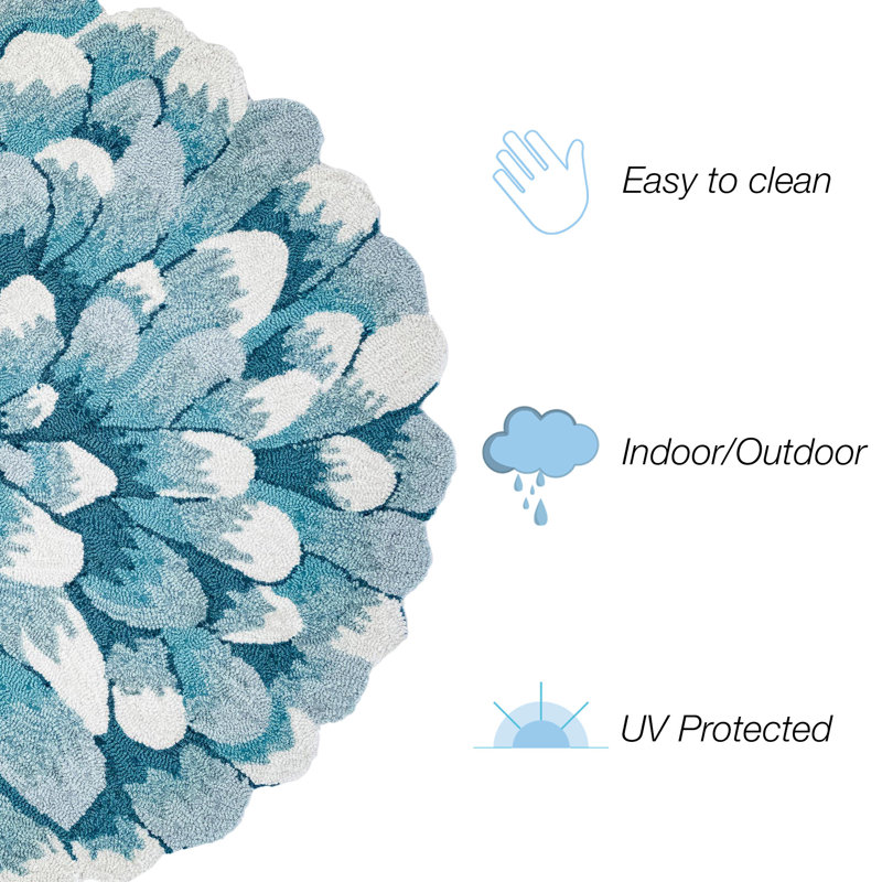 Aqua and White Tufted Synthetic Floral Half Circle Rug